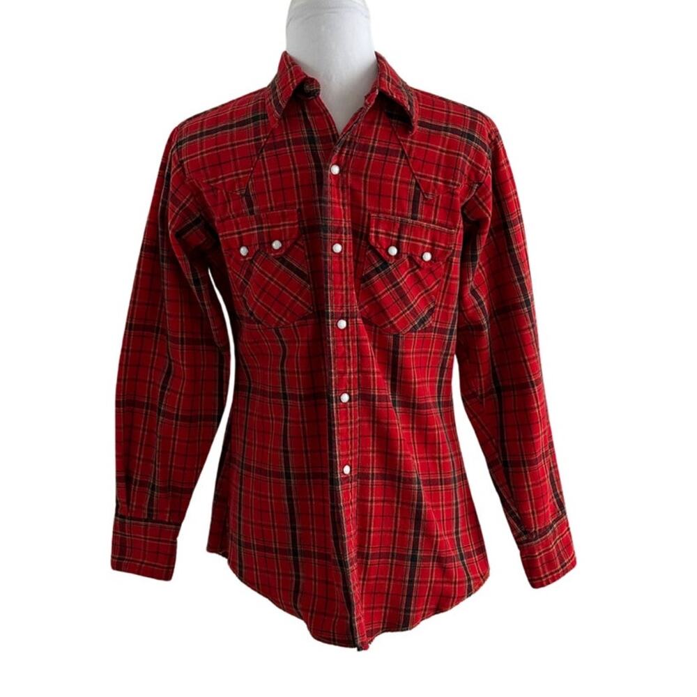 VTG Red Plaid Snap Front Western Long Sleeve Shirt I 15